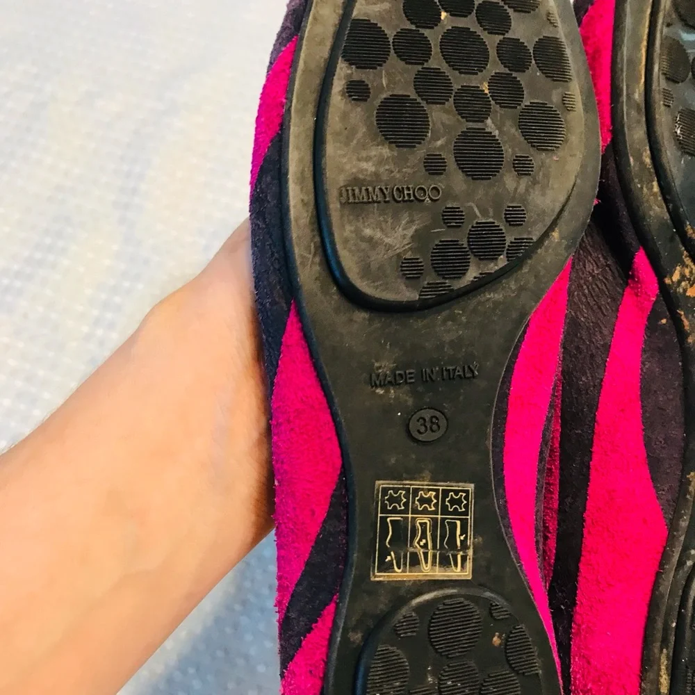 Jimmy Choo Pink and Black Striped Suede Ballet Flats